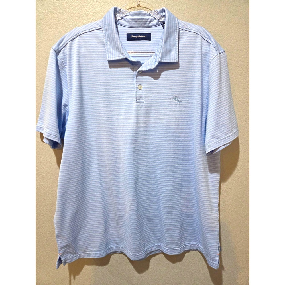 Tommy Bahama Polo Shirt Men XXL Light Blue Striped Pima Cotton Blend Excellent